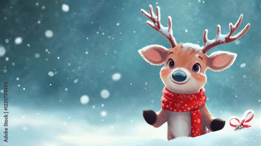 Animated reindeer enjoying snowfall with playful antics in winter wonderland Animated reindeer enjoying snowfall with playful antics in winter wonderland