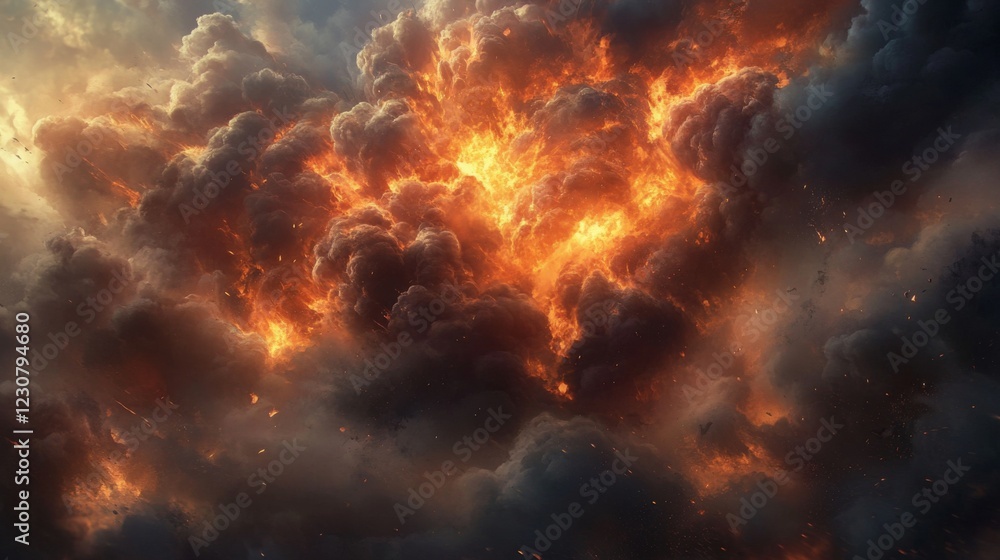 Fiery explosion within dark storm clouds, apocalyptic scene. Fiery explosion within dark storm clouds, apocalyptic scene.