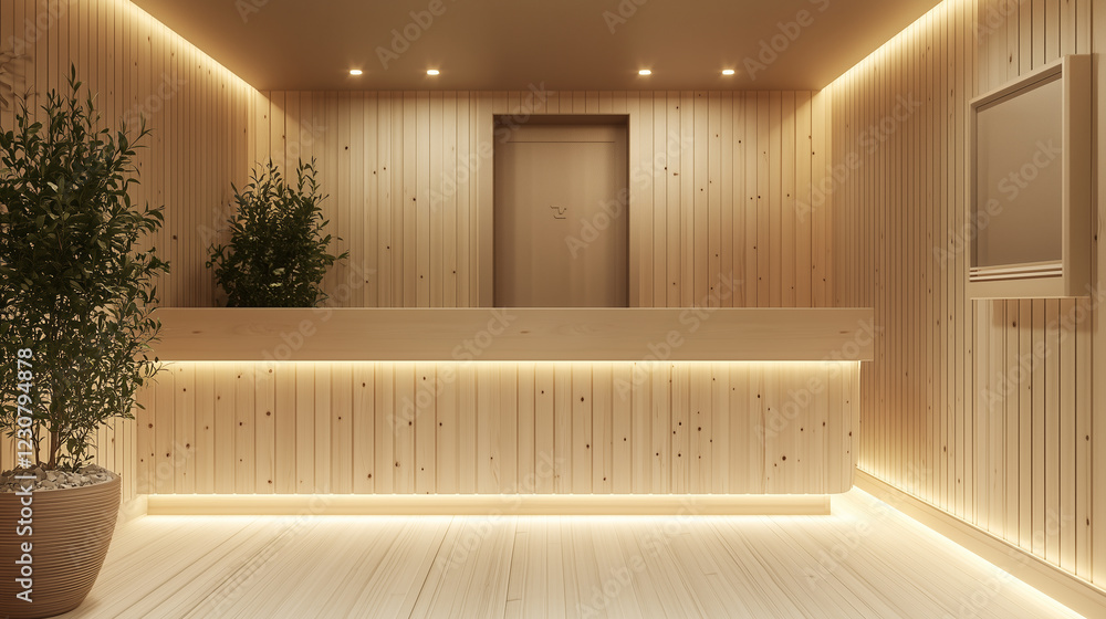 spa reception with elegant spruce wood cladding, soft lighting accentuating the wood's natural grain spa reception with elegant spruce wood cladding, soft lighting accentuating the wood's natural grain