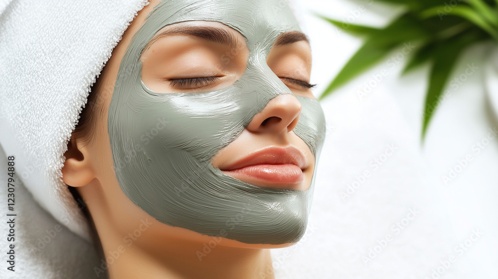 Fototapeta premium smiling young woman with facial mask on face in salon ,girl with cosmetic mask in spa 