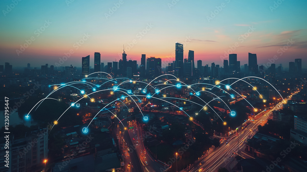 Fototapeta premium Abstract business man stands on Smart digital Innovation city with connection network reciprocity over the twilight cityscape. of future wireless digital city and social media networking systems