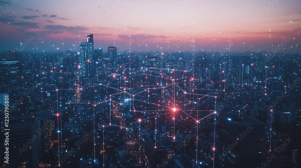 Fototapeta premium Abstract business man stands on Smart digital Innovation city with connection network reciprocity over the twilight cityscape. of future wireless digital city and social media networking systems