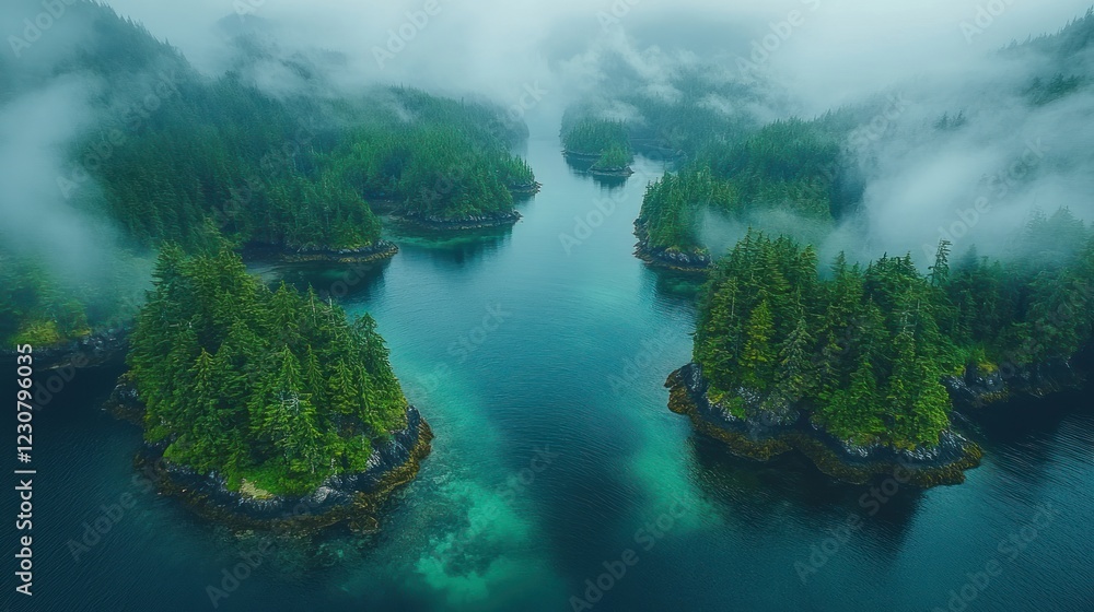 Misty islands landscape with evergreen forests and turquoise water in the fog Misty islands landscape with evergreen forests and turquoise water in the fog