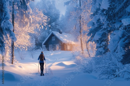 A lone snowshoer treks through a magical winter wonderland towards a cozy cabin bathed in the golden hour light. photo