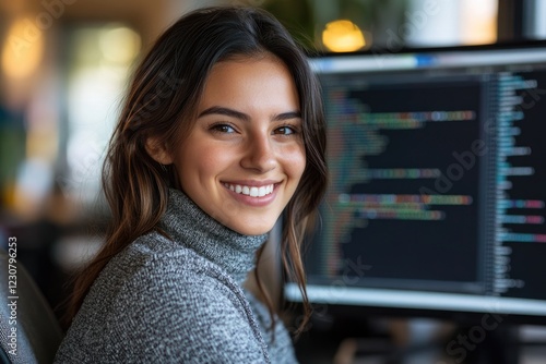 Free Download A smiling young woman programmer sits at her computer, focused and happy while working on code. - GFXLoad