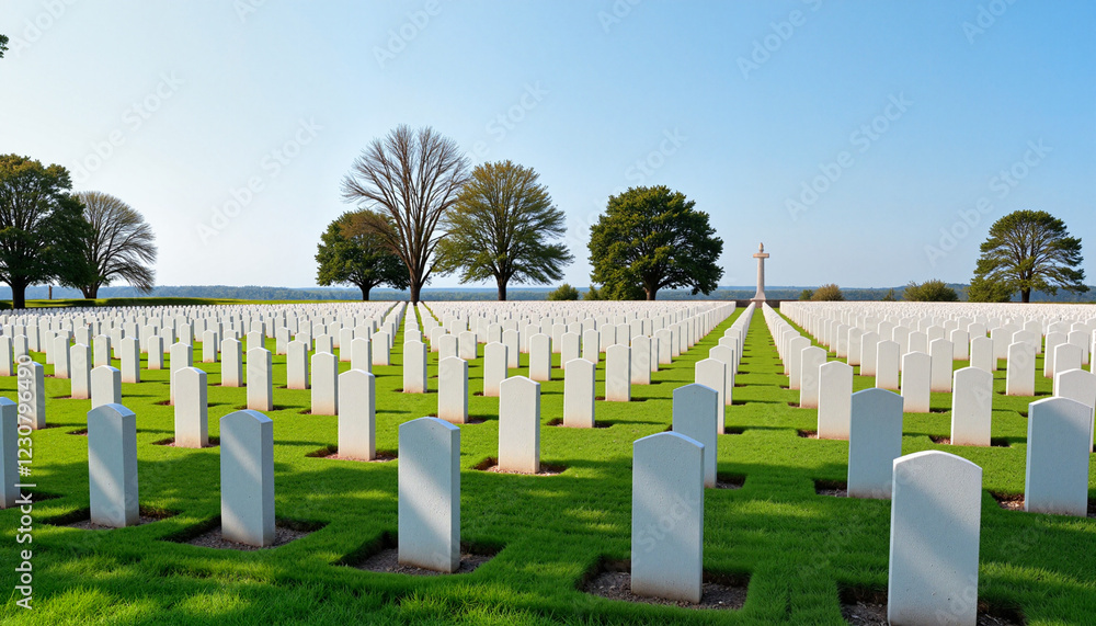 Expansive military cemetery with aligned white headstones and green grass under blue sky Expansive military cemetery with aligned white headstones and green grass under blue sky