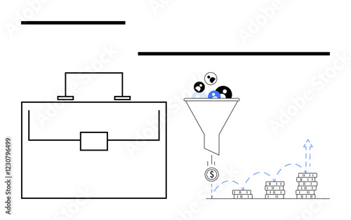 Suitcase alongside funnel filtering user icons into coins with stacks growing upward. Ideal for business growth, marketing, conversion, sales, efficiency, financial planning, abstract line flat