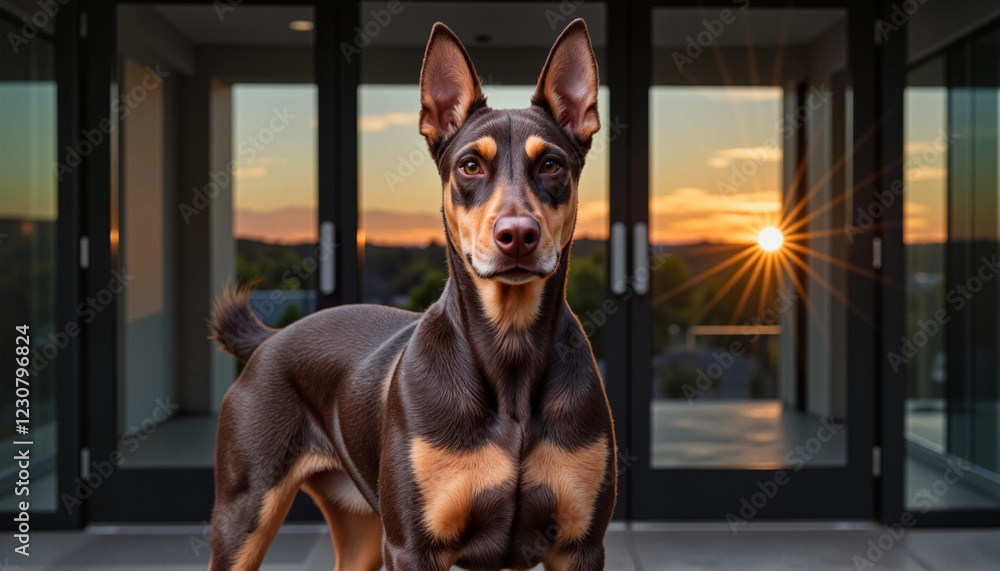 Doberman Pinscher standing alert near modern glass entryway at sunset glow Doberman Pinscher standing alert near modern glass entryway at sunset glow