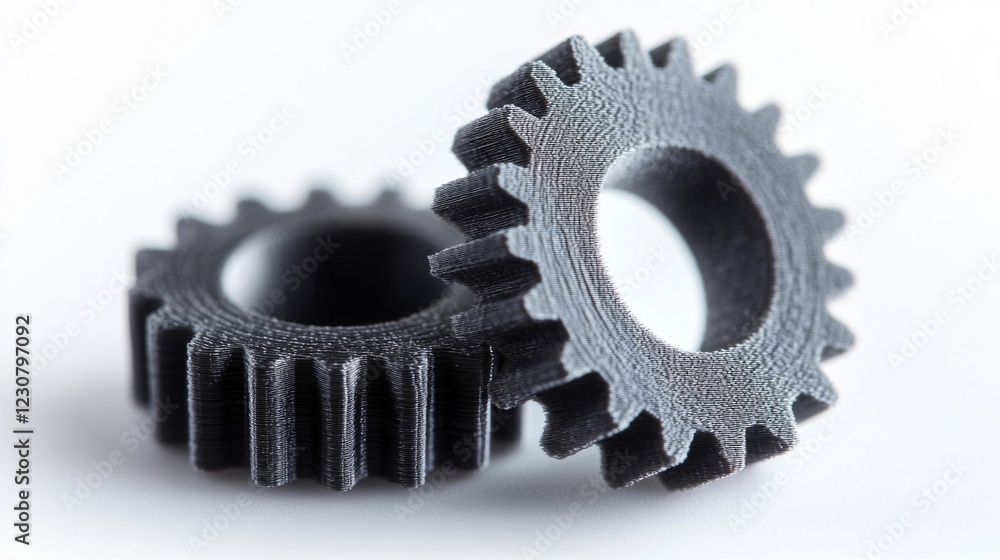 Close-Up of Two Grey 3D Printed Gears on White Background Close-Up of Two Grey 3D Printed Gears on White Background