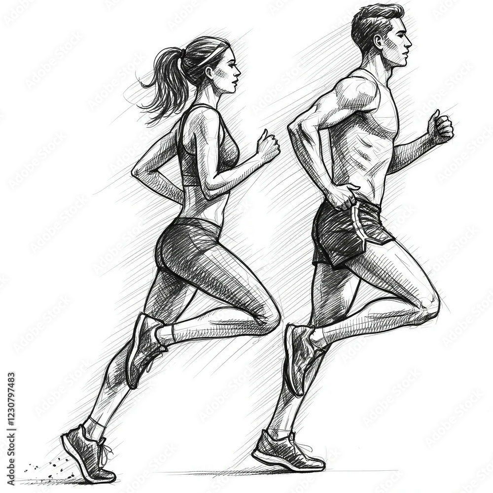Fototapeta premium Running man and woman, isolated vector charcoal silhouettes. Run, side view. Charcoal sketches of athletic looking male and female runners running. Smooth JPEG version.
