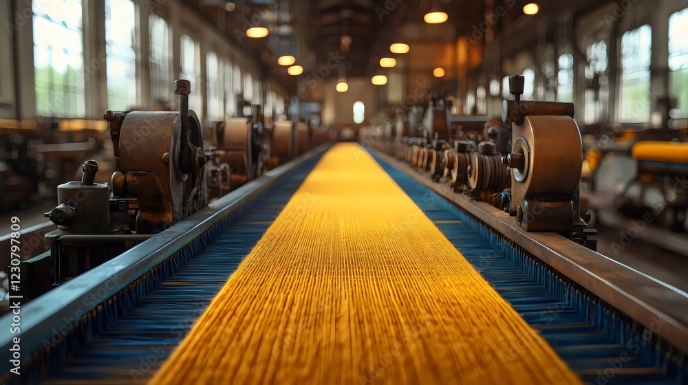 A factory with a yellow and blue conveyor belt A factory with a yellow and blue conveyor belt