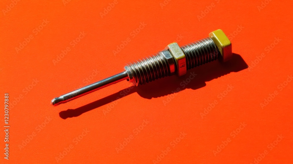 A power resistor with an aluminum heat sink, set on a bold red-orange background. A power resistor with an aluminum heat sink, set on a bold red-orange background.