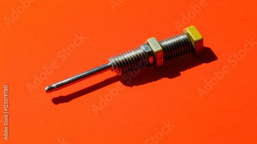 A power resistor with an aluminum heat sink, set on a bold red-orange background. photo