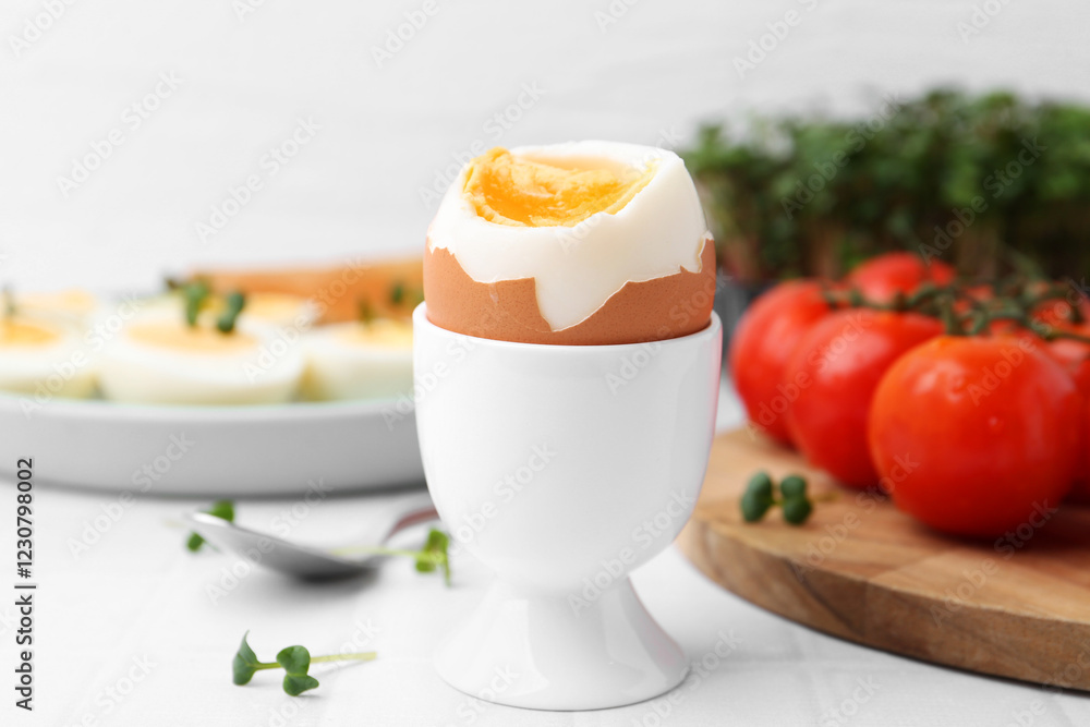 Soft boiled egg on white tiled table, closeup Soft boiled egg on white tiled table, closeup