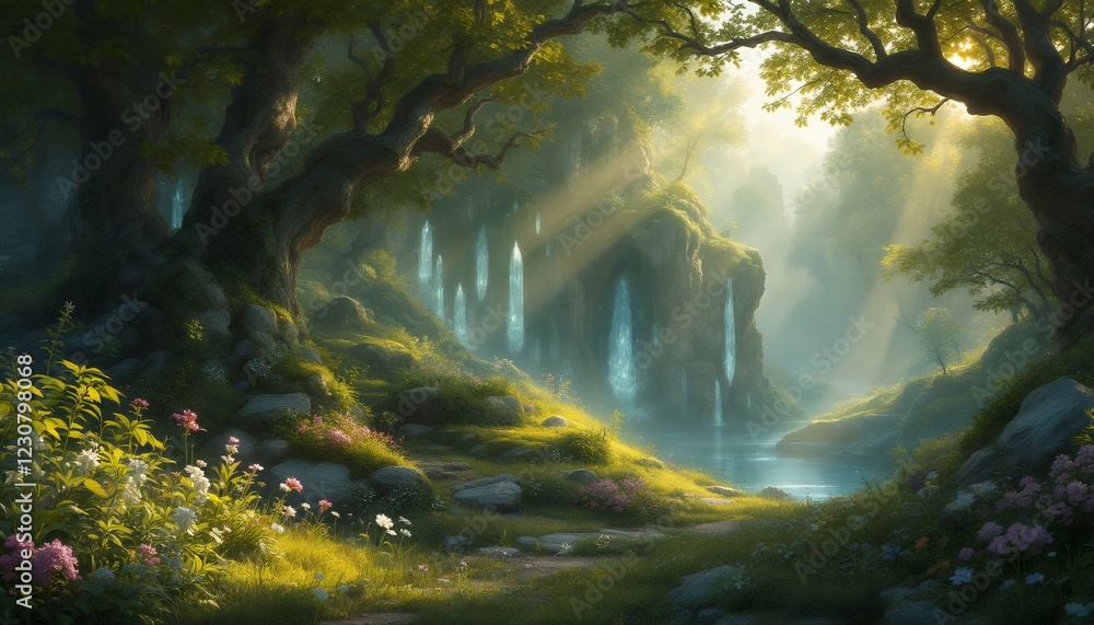 Enchanted Forest Waterfall: A Digital Painting of Serene Nature Enchanted Forest Waterfall: A Digital Painting of Serene Nature