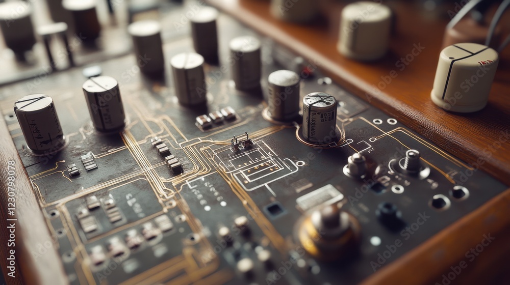 A schematic of a transistor circuit overlaid onto a real-life transistor image on a warm brown background. A schematic of a transistor circuit overlaid onto a real-life transistor image on a warm brown background.