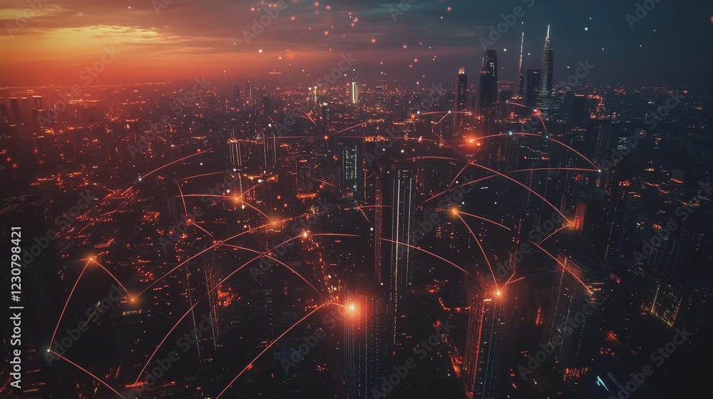 Fototapeta premium Abstract business man stands on Smart digital Innovation city with connection network reciprocity over the twilight cityscape. of future wireless digital city and social media networking systems