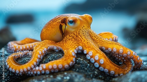 Close-up of an orange octopus on a textured rock with a blue ocean background photo