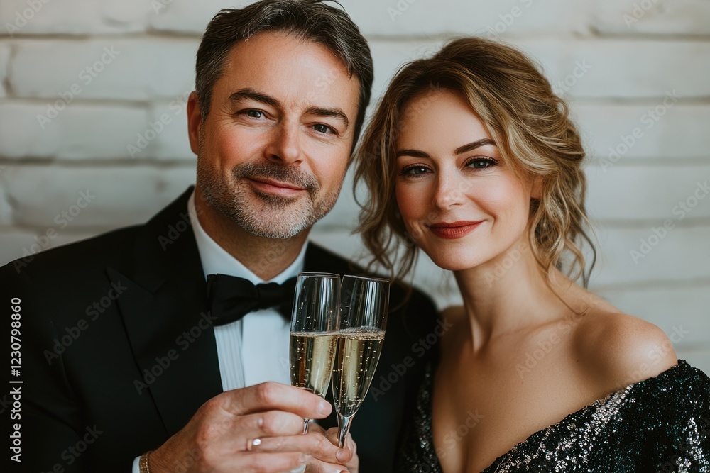 Elegant couple toasting with champagne, dressed in formal attire against a white brick wall. Elegant couple toasting with champagne, dressed in formal attire against a white brick wall.