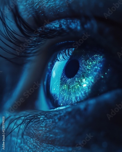 Close-up blue eye, detailed iris, dark background, vision concept photo