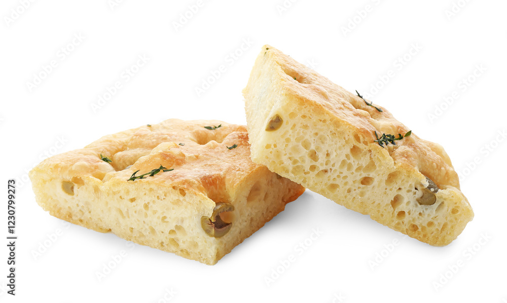 Pieces of delicious focaccia bread with olives and thyme isolated on white Pieces of delicious focaccia bread with olives and thyme isolated on white