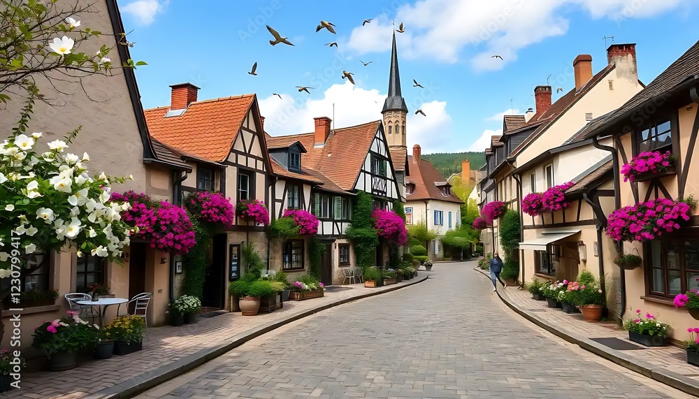 Obraz premium Charming European Village Street Scene With Flowers