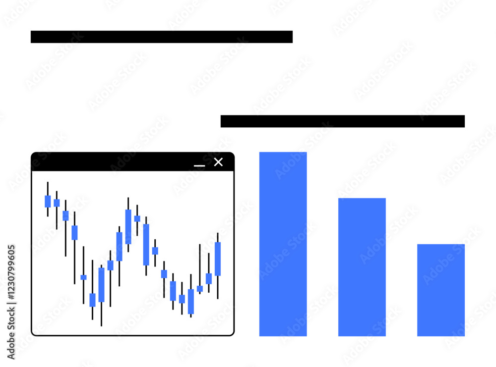 Candlestick chart in browser window next to blue bar graph, tracking financial or stock data. Ideal for presentations, stock performance reviews, financial forecasts, investment analysis, market Candlestick chart in browser window next to blue bar graph, tracking financial or stock data. Ideal for presentations, stock performance reviews, financial forecasts, investment analysis, market