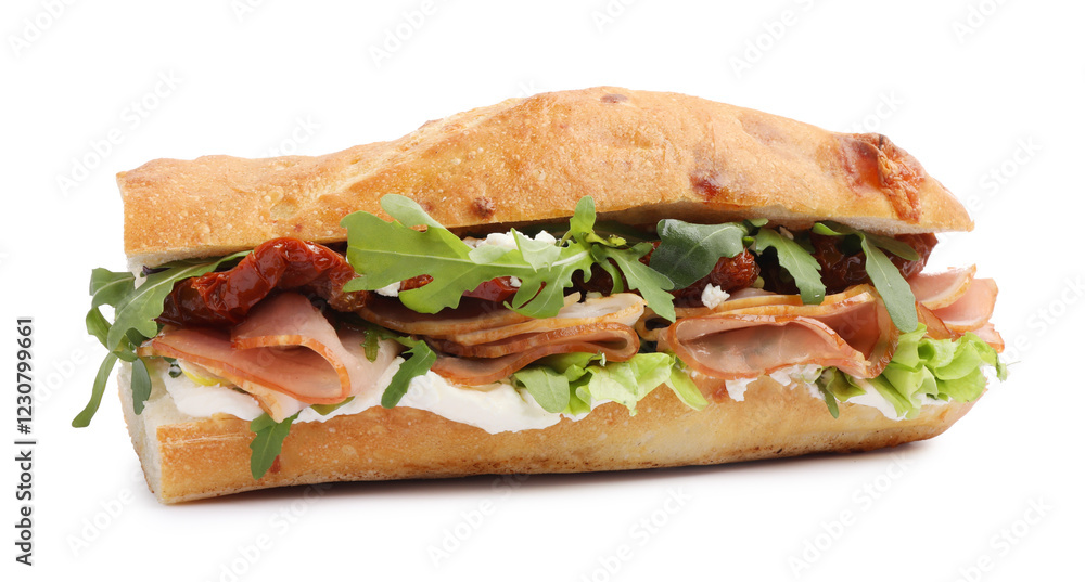 Baguette sandwich with ham and sun dried tomatoes isolated on white Baguette sandwich with ham and sun dried tomatoes isolated on white