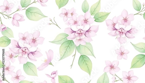 Delicate Watercolor Pink Flowers and Green Leaves Pattern
