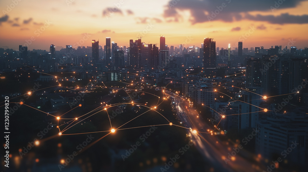 Fototapeta premium Abstract business man stands on Smart digital Innovation city with connection network reciprocity over the twilight cityscape. of future wireless digital city and social media networking systems