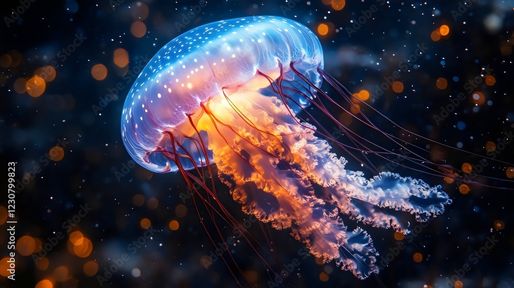 A jellyfish with a blue and orange body is floating in the dark A jellyfish with a blue and orange body is floating in the dark