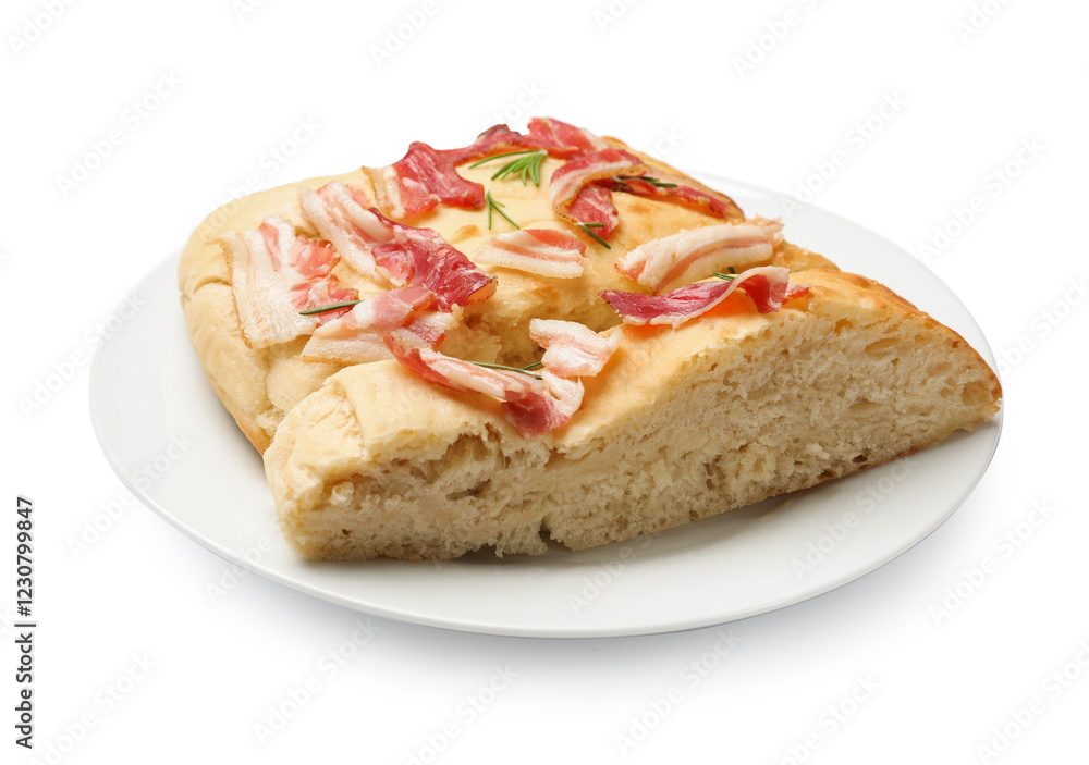 Pieces of delicious focaccia bread with bacon and rosemary isolated on white Pieces of delicious focaccia bread with bacon and rosemary isolated on white