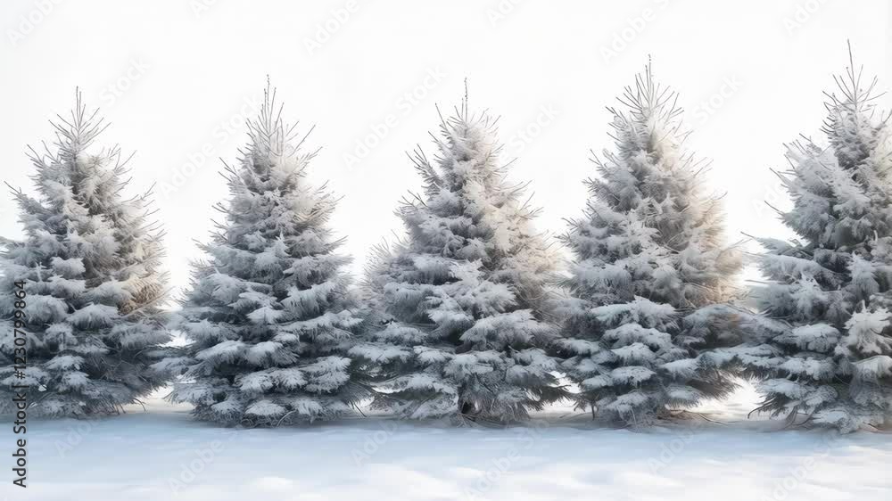 Snowy evergreen trees in gentle winter breeze at sunrise Snowy evergreen trees in gentle winter breeze at sunrise