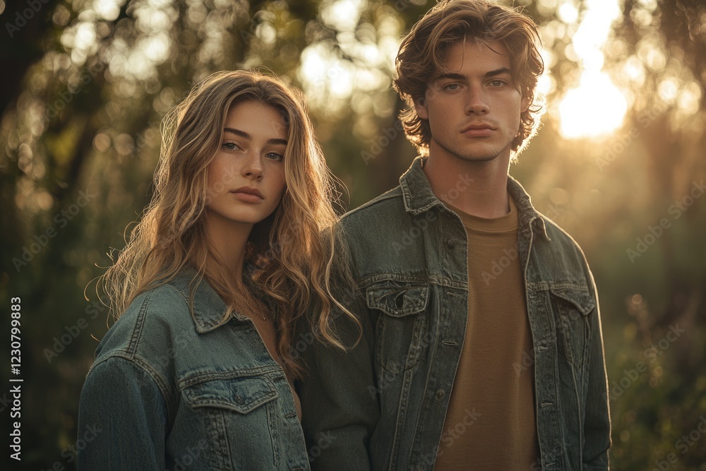 Fototapeta premium Young couple in denim jackets standing in a sunlit forest, a portrait of youthful love.