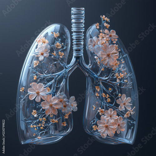 3d model of crystal human lungs with pink blooming flowers on dark background photo