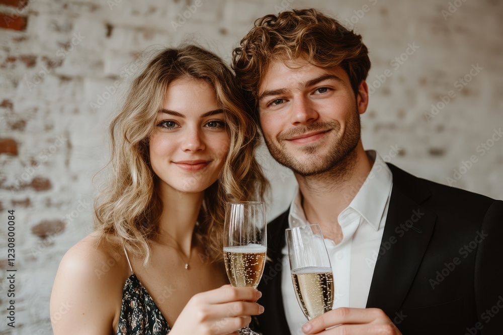 A young couple toasting with champagne, smiling happily against a textured brick wall. A young couple toasting with champagne, smiling happily against a textured brick wall.