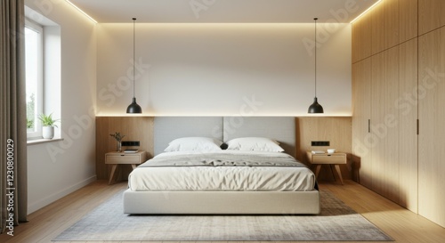 Stylish modern bedroom with warm ambiance and wood paneling