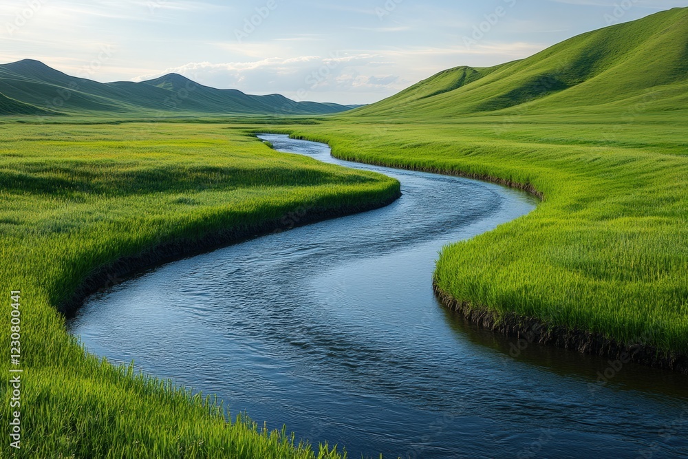Winding river flowing through lush green fields scenic landscape tranquil nature aerial view Winding river flowing through lush green fields scenic landscape tranquil nature aerial view