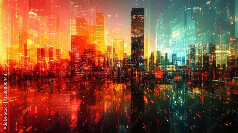 Fototapeta premium Futuristic City Skyline at Night with Red Orange and Blue Lights