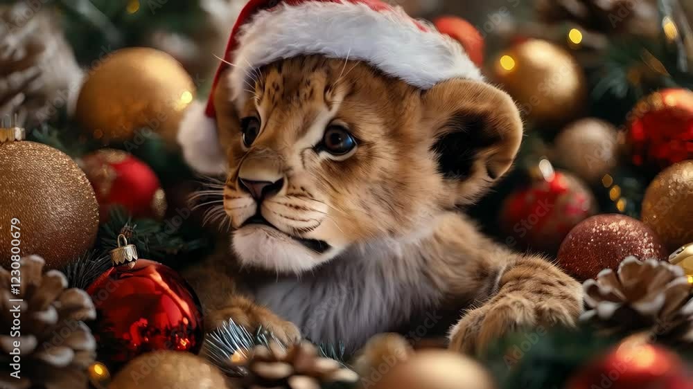 Playful lion cub in santa hat surrounded by festive decorations Playful lion cub in santa hat surrounded by festive decorations