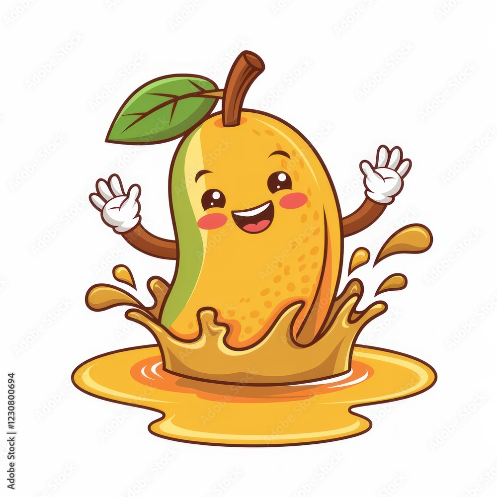 a cheerful mango cartoon character in a pool of mango juice with a big smile and raised hands. The fruit is wearing a green leaf on top and has white gloves on its hands. a cheerful mango cartoon character in a pool of mango juice with a big smile and raised hands. The fruit is wearing a green leaf on top and has white gloves on its hands.