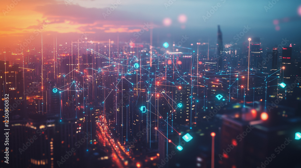 Abstract business man stands on Smart digital Innovation city with connection network reciprocity over the twilight cityscape. of future wireless digital city and social media networking systems