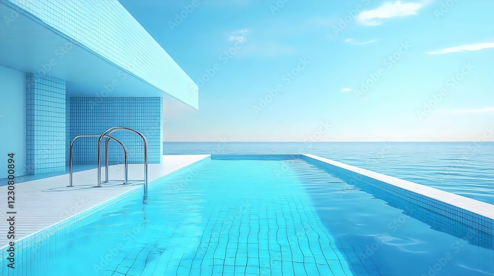 A pool with a white building in the background