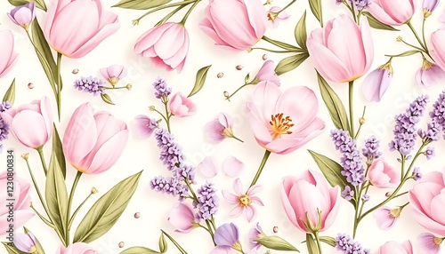 Delicate Pink Tulips and Lavender Floral Pattern