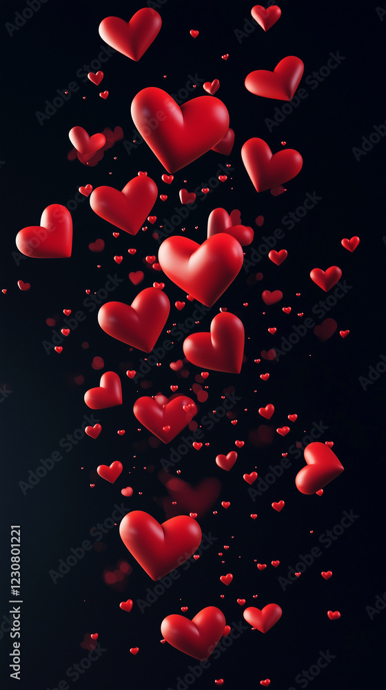 Hearts, various sizes floating and falling, isolated on black background - shallow depth of field, many hearts symbolize love Valentine's day - parallax vertical, scrollable, red and black. Hearts, various sizes floating and falling, isolated on black background - shallow depth of field, many hearts symbolize love Valentine's day - parallax vertical, scrollable, red and black.