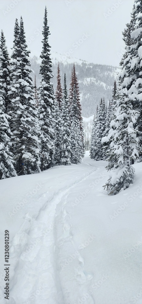 Snowy Pine Tree Trail in Deep Snow in the Mountains Snowy Pine Tree Trail in Deep Snow in the Mountains