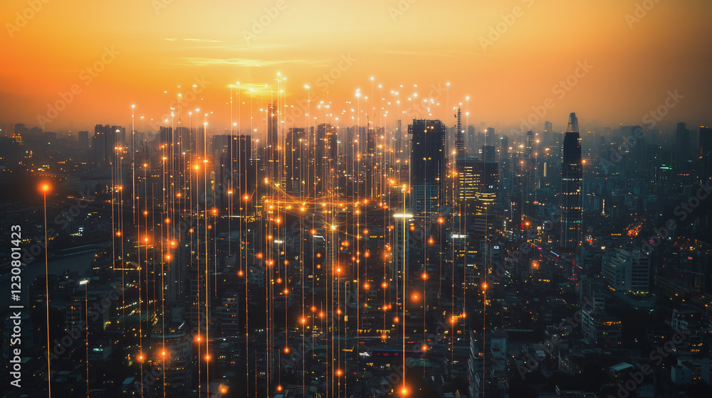 Abstract business man stands on Smart digital Innovation city with connection network reciprocity over the twilight cityscape. of future wireless digital city and social media networking systems Abstract business man stands on Smart digital Innovation city with connection network reciprocity over the twilight cityscape. of future wireless digital city and social media networking systems