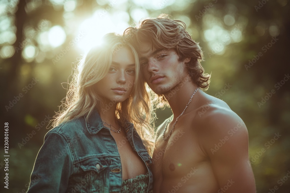 A young couple embraces in a sun-drenched forest, their love evident in their close proximity. A young couple embraces in a sun-drenched forest, their love evident in their close proximity.