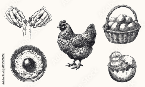 chickens and eggs set isolated hand drawn sketch card element black white line art detailed vector illustration for culinary blog farm agricultural food production Easter design