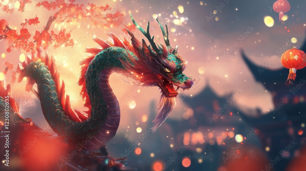 Green And Red Dragon Amidst Red Lanterns And Asian Cityscape At Night Green And Red Dragon Amidst Red Lanterns And Asian Cityscape At Night